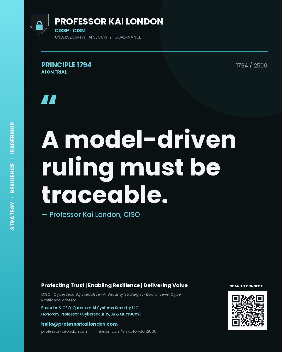 Quote card by Professor Kai London reading 'A model-driven ruling must be traceable.'. From the book AI on Trial.