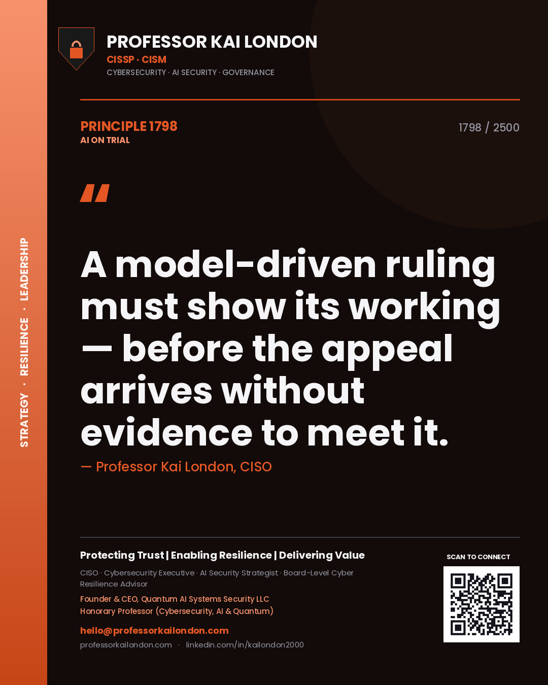 Quote card by Professor Kai London reading 'A model-driven ruling must show its working — before the appeal arrives without evidence to meet it.'. From the book AI on Trial.