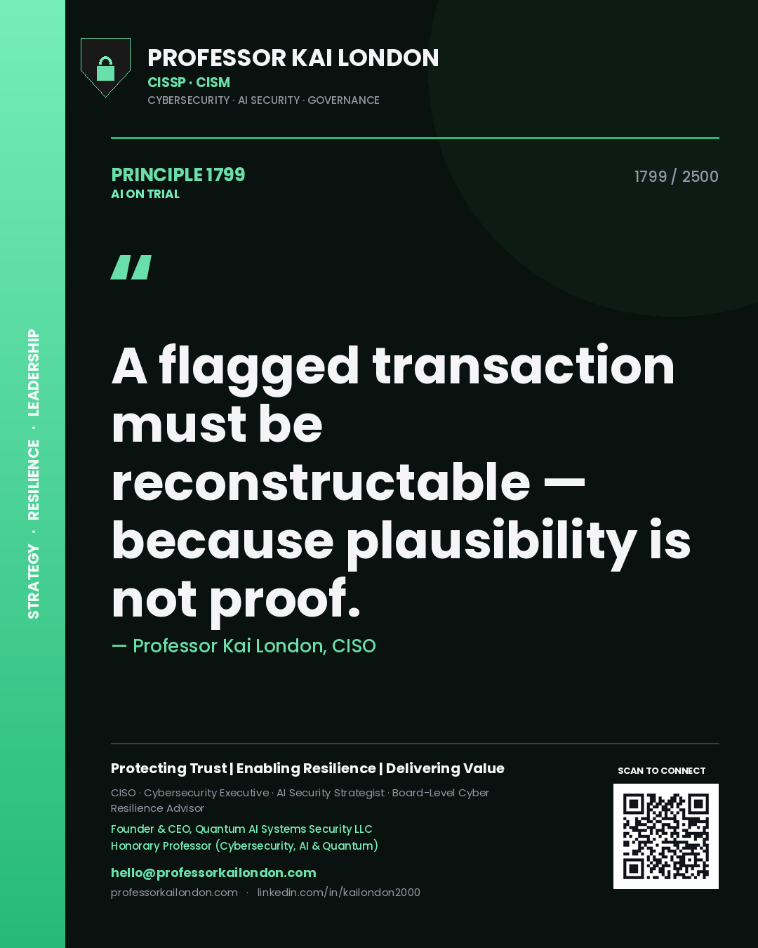 Quote card by Professor Kai London reading 'A flagged transaction must be reconstructable — because plausibility is not proof.'. From the book AI on Trial.