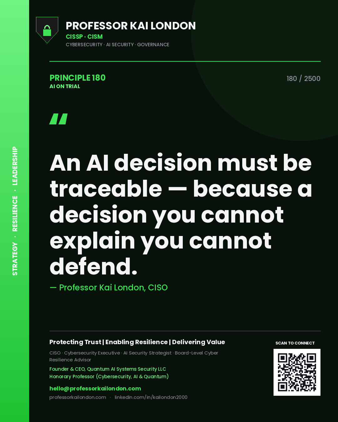 Quote card by Professor Kai London reading 'An AI decision must be traceable — because a decision you cannot explain you cannot defend.'. From the book AI on Trial.