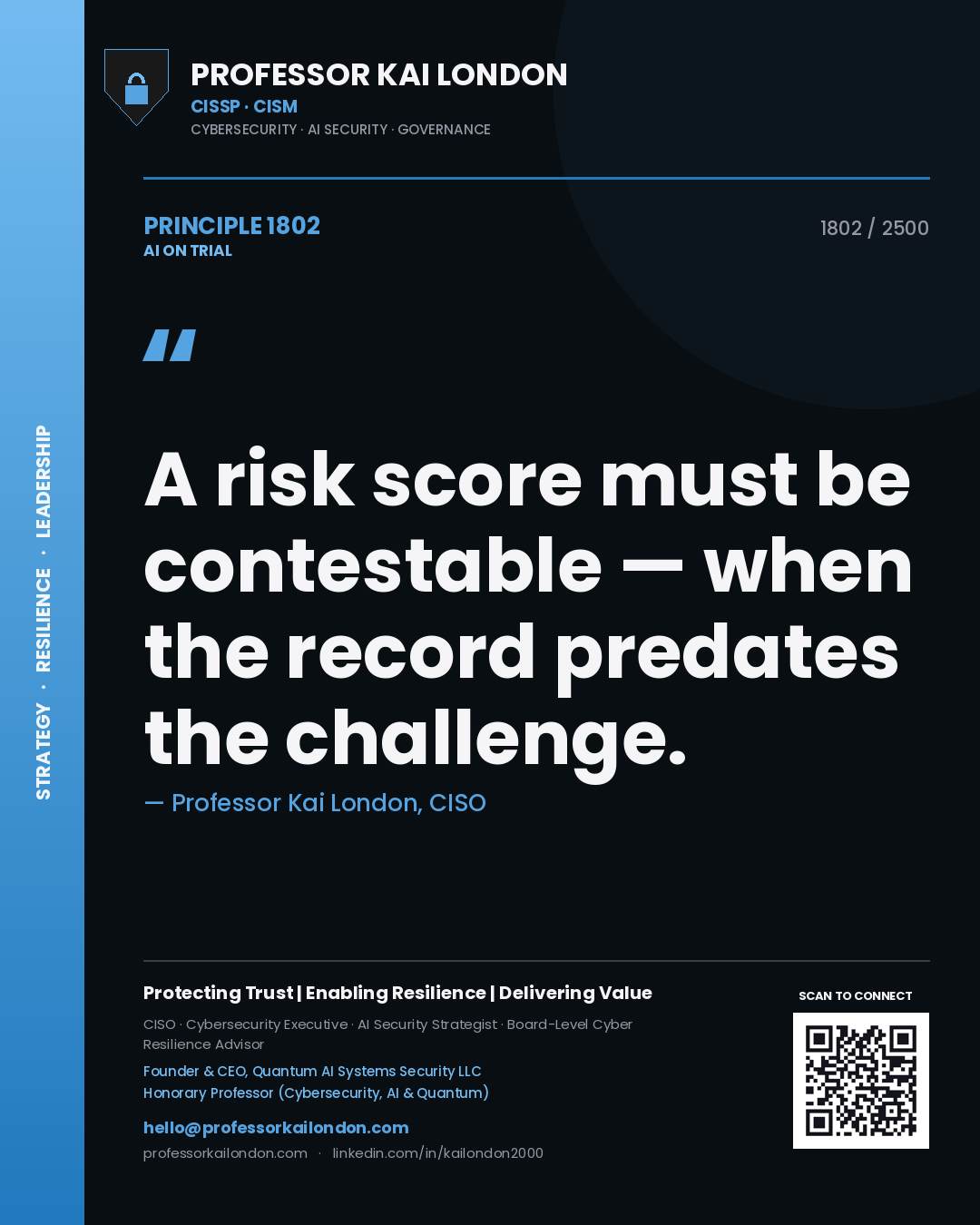 Professor Kai London principle 1802: A risk score must be contestable — when the record predates the challenge.