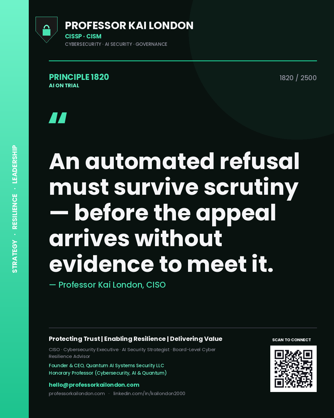 Professor Kai London principle 1820: An automated refusal must survive scrutiny — before the appeal arrives without evidence to meet it.