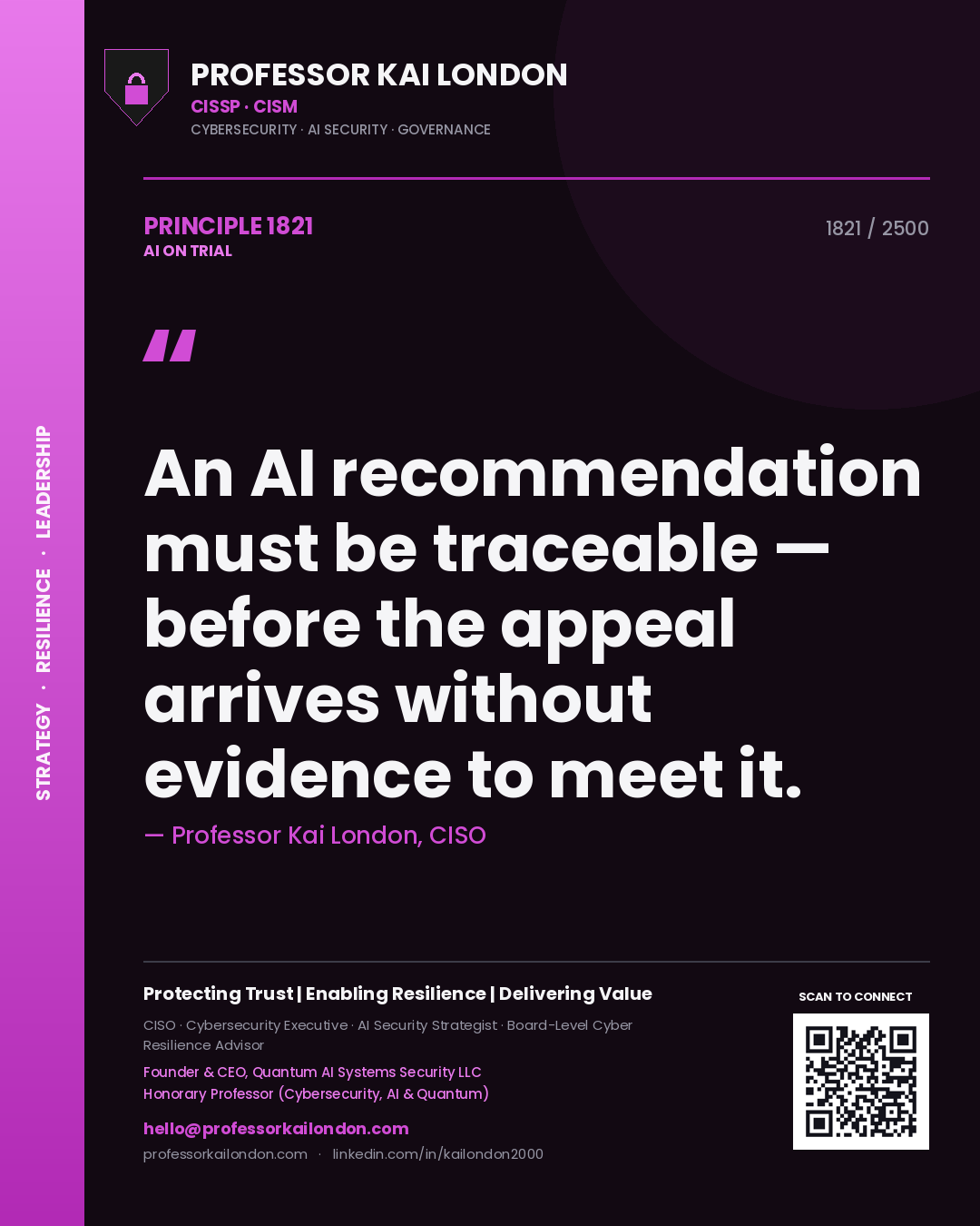 Quote card by Professor Kai London reading 'An AI recommendation must be traceable — before the appeal arrives without evidence to meet it.'. From the book AI on Trial.