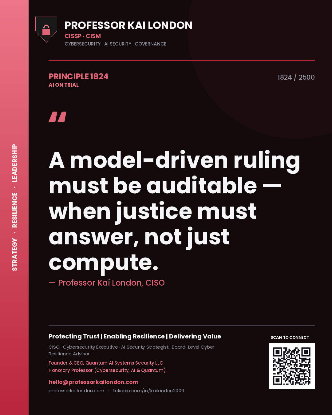 Quote card by Professor Kai London reading 'A model-driven ruling must be auditable — when justice must answer, not just compute.'. From the book AI on Trial.