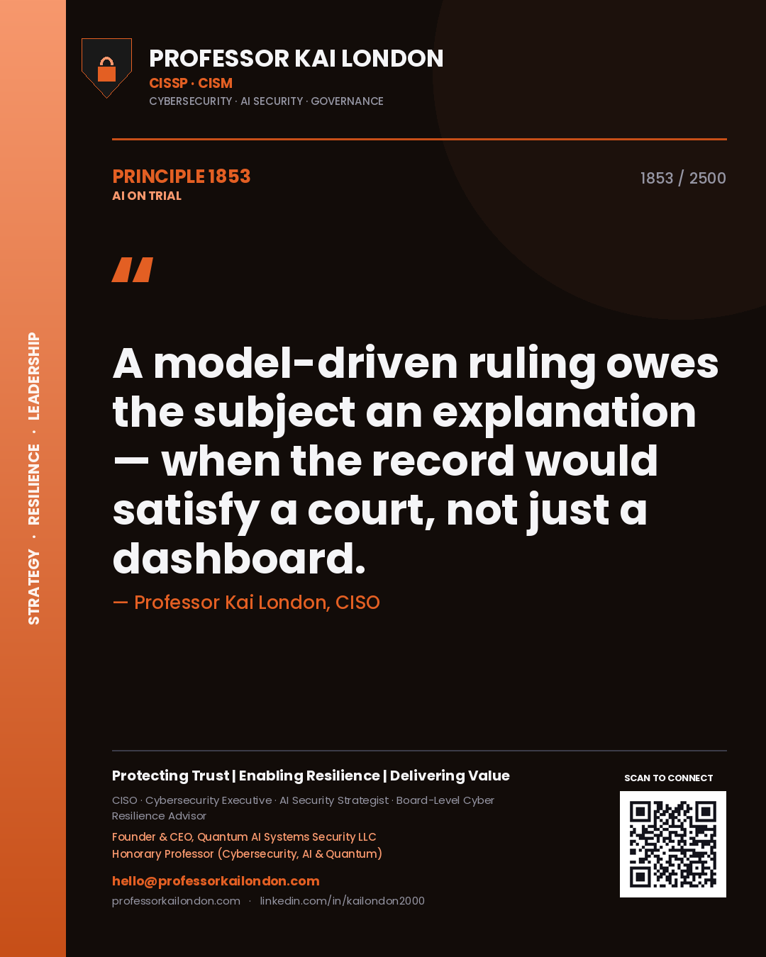 Quote card by Professor Kai London reading 'A model-driven ruling owes the subject an explanation — when the record would satisfy a court, not just a dashboard.'. From the book AI on Trial.