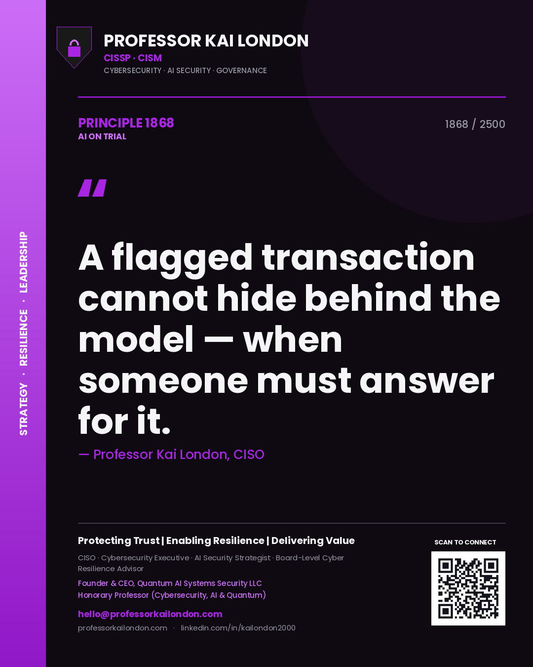 Professor Kai London principle 1868: A flagged transaction cannot hide behind the model — when someone must answer for it.