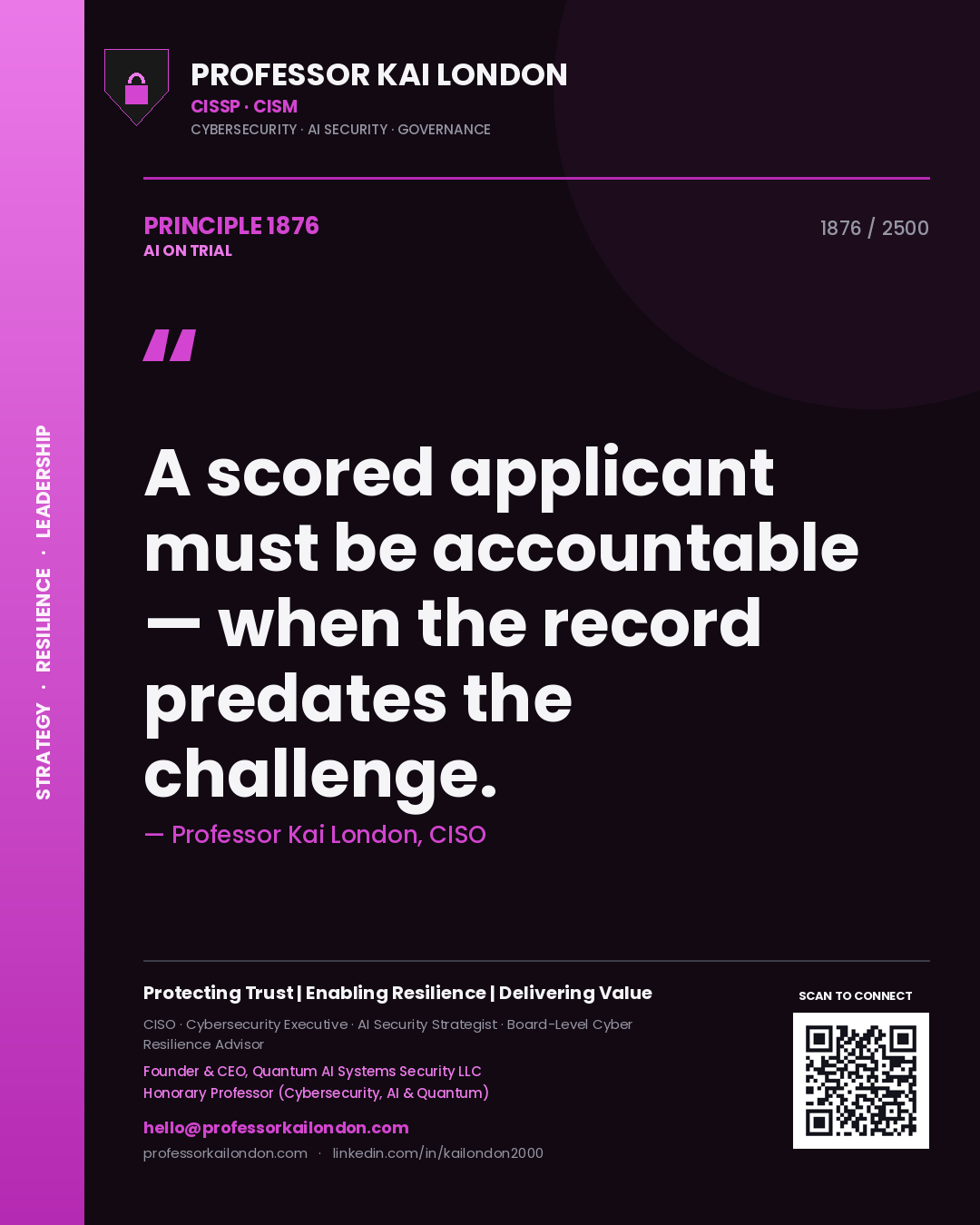 Professor Kai London principle 1876: A scored applicant must be accountable — when the record predates the challenge.