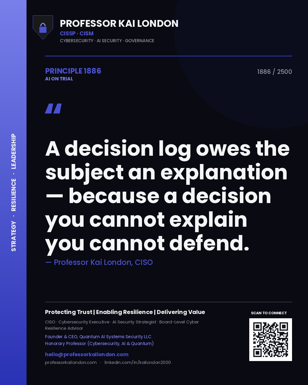 Professor Kai London principle 1886: A decision log owes the subject an explanation — because a decision you cannot explain you cannot defend.