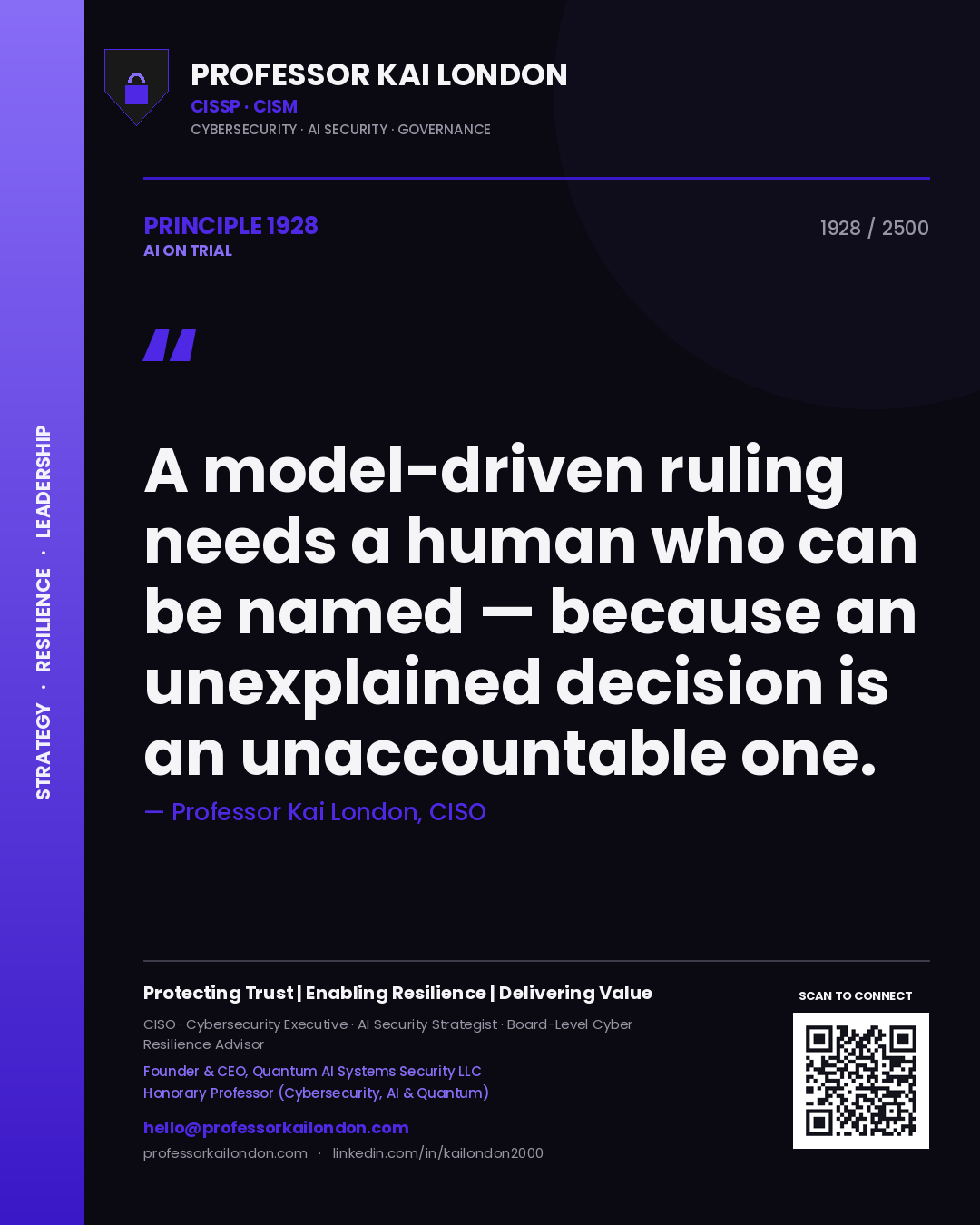 Professor Kai London principle 1928: A model-driven ruling needs a human who can be named — because an unexplained decision is an unaccountable one.
