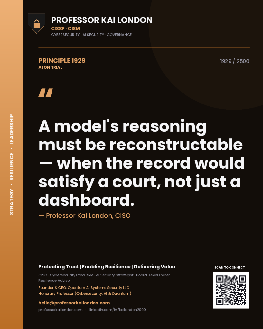 Professor Kai London principle 1929: A model's reasoning must be reconstructable — when the record would satisfy a court, not just a dashboard.