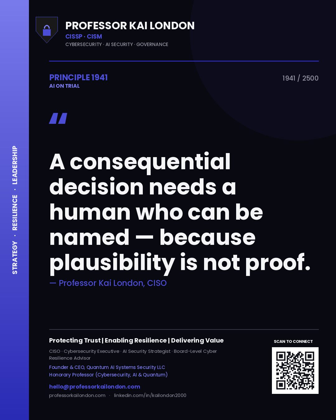 Professor Kai London principle 1941: A consequential decision needs a human who can be named — because plausibility is not proof.