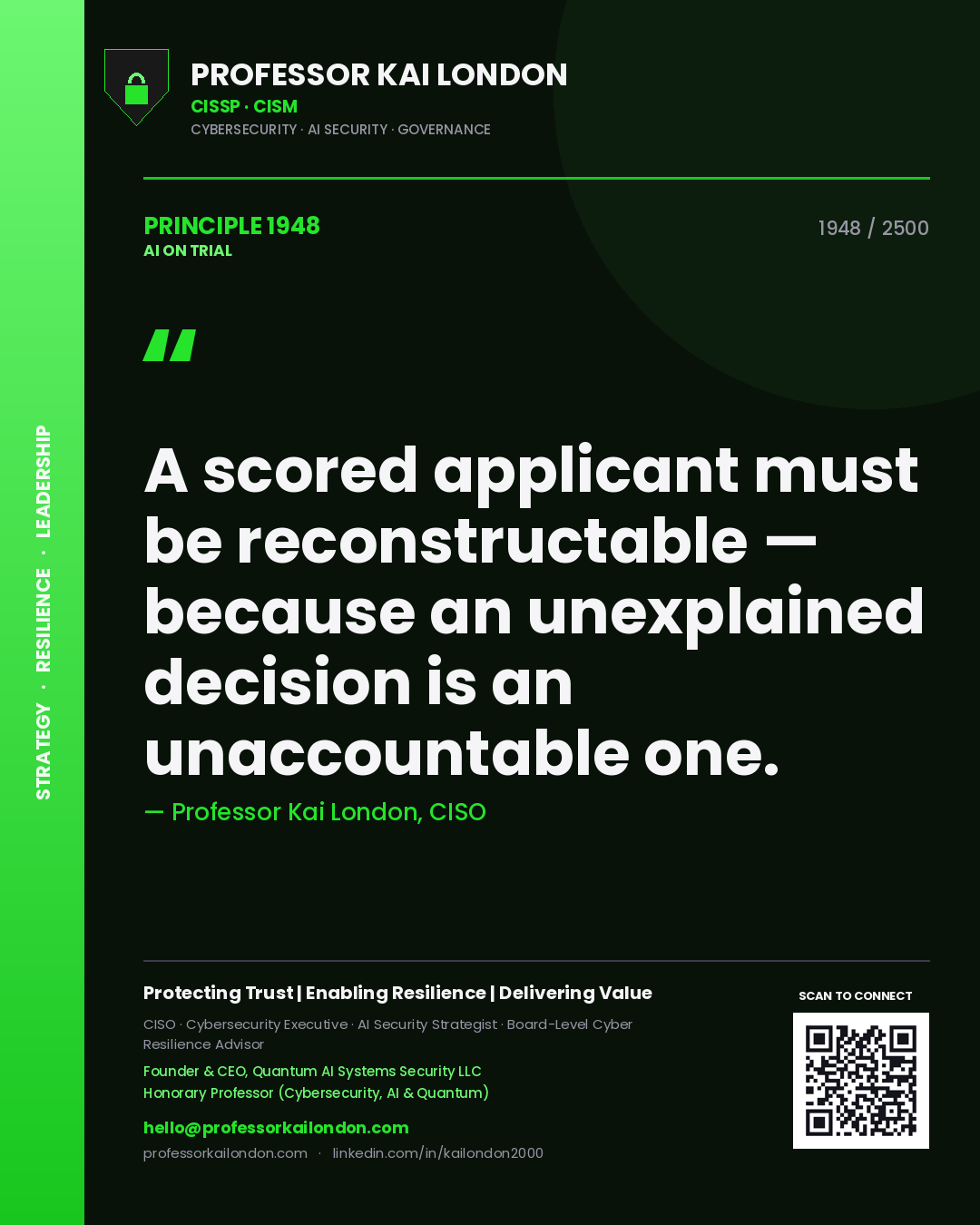 Professor Kai London principle 1948: A scored applicant must be reconstructable — because an unexplained decision is an unaccountable one.