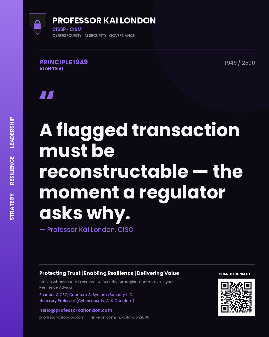 Professor Kai London principle 1949: A flagged transaction must be reconstructable — the moment a regulator asks why.