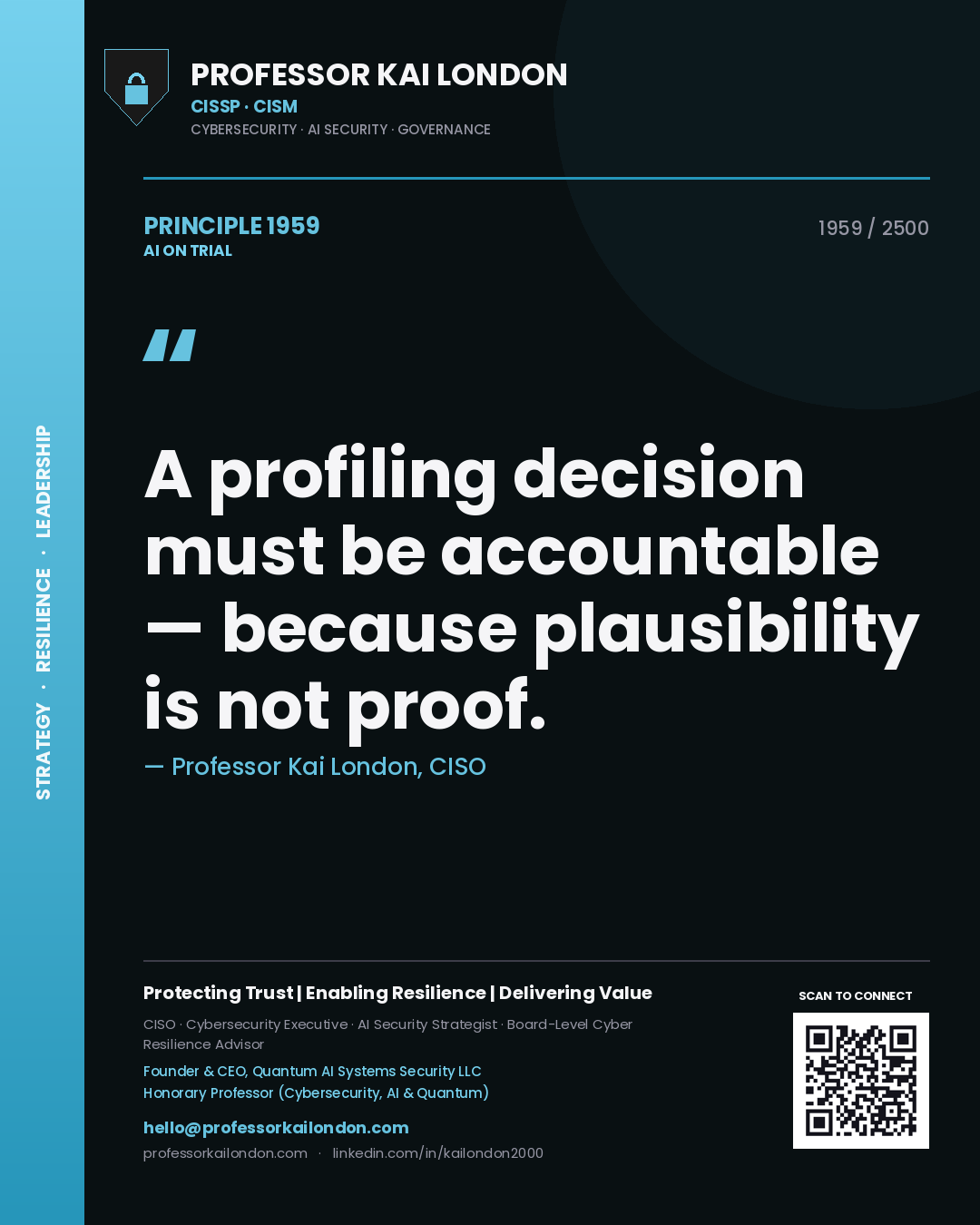 Quote card by Professor Kai London reading 'A profiling decision must be accountable — because plausibility is not proof.'. From the book AI on Trial.