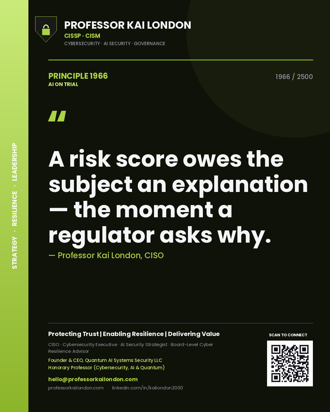 Professor Kai London principle 1966: A risk score owes the subject an explanation — the moment a regulator asks why.