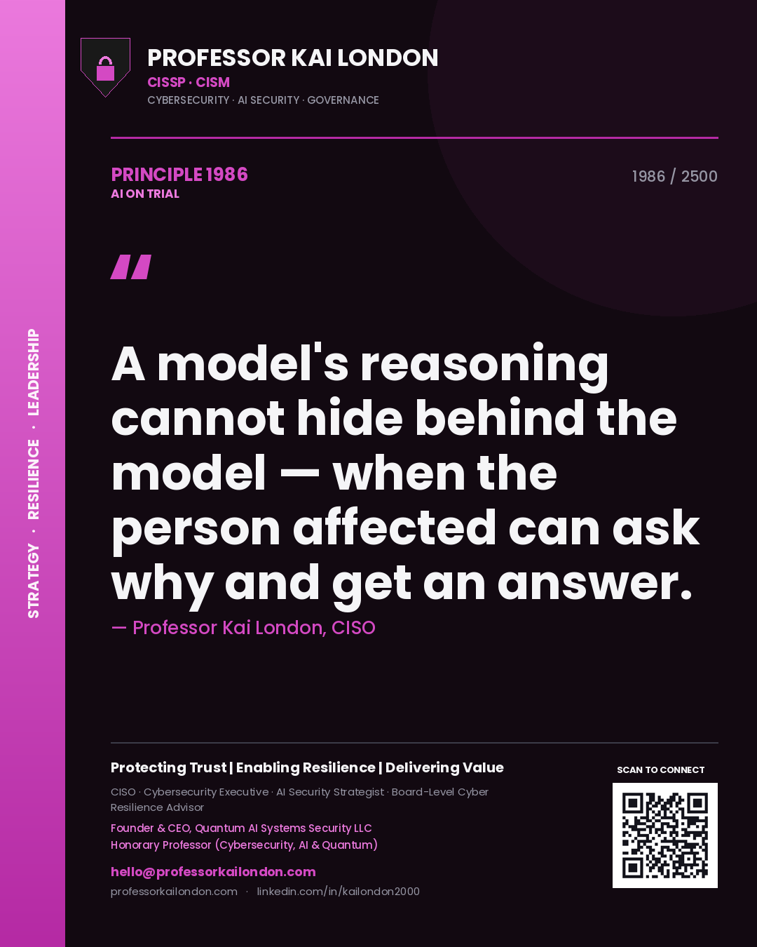 Professor Kai London principle 1986: A model's reasoning cannot hide behind the model — when the person affected can ask why and get an answer.