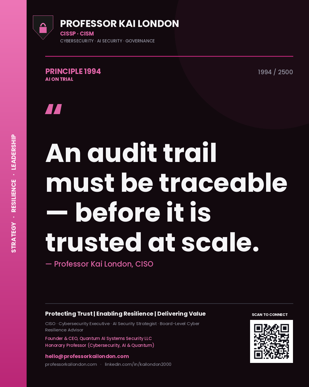 Quote card by Professor Kai London reading 'An audit trail must be traceable — before it is trusted at scale.'. From the book AI on Trial.