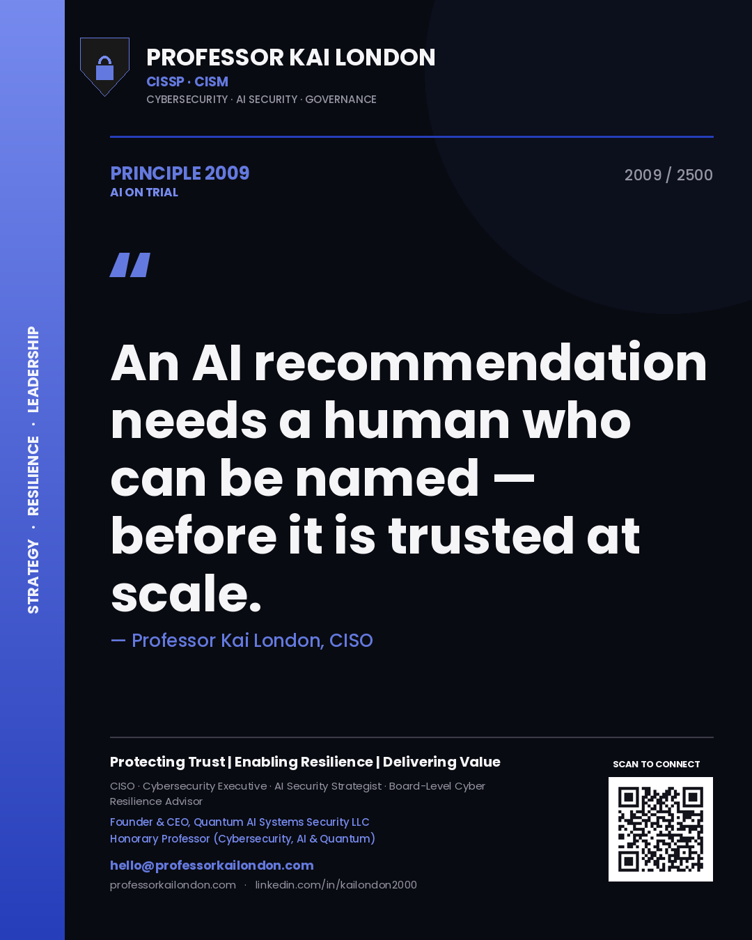 Professor Kai London principle 2009: An AI recommendation needs a human who can be named — before it is trusted at scale.