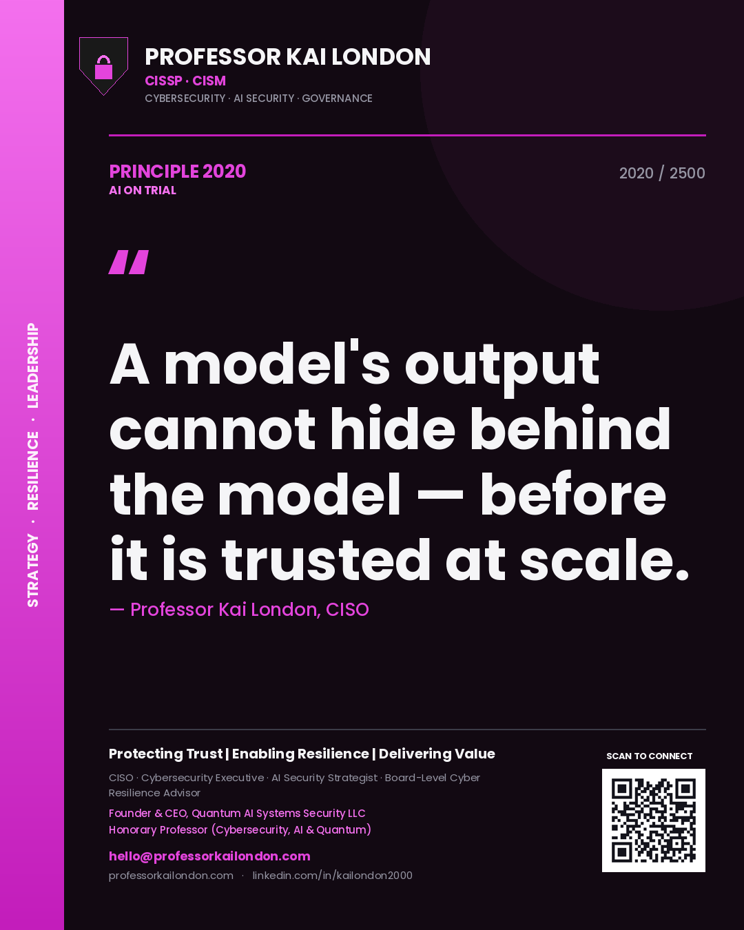 Quote card by Professor Kai London reading 'A model's output cannot hide behind the model — before it is trusted at scale.'. From the book AI on Trial.
