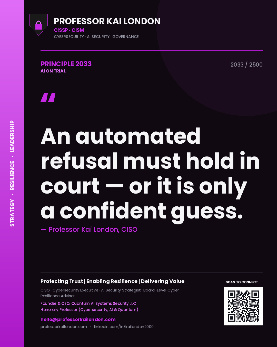 Professor Kai London principle 2033: An automated refusal must hold in court — or it is only a confident guess.