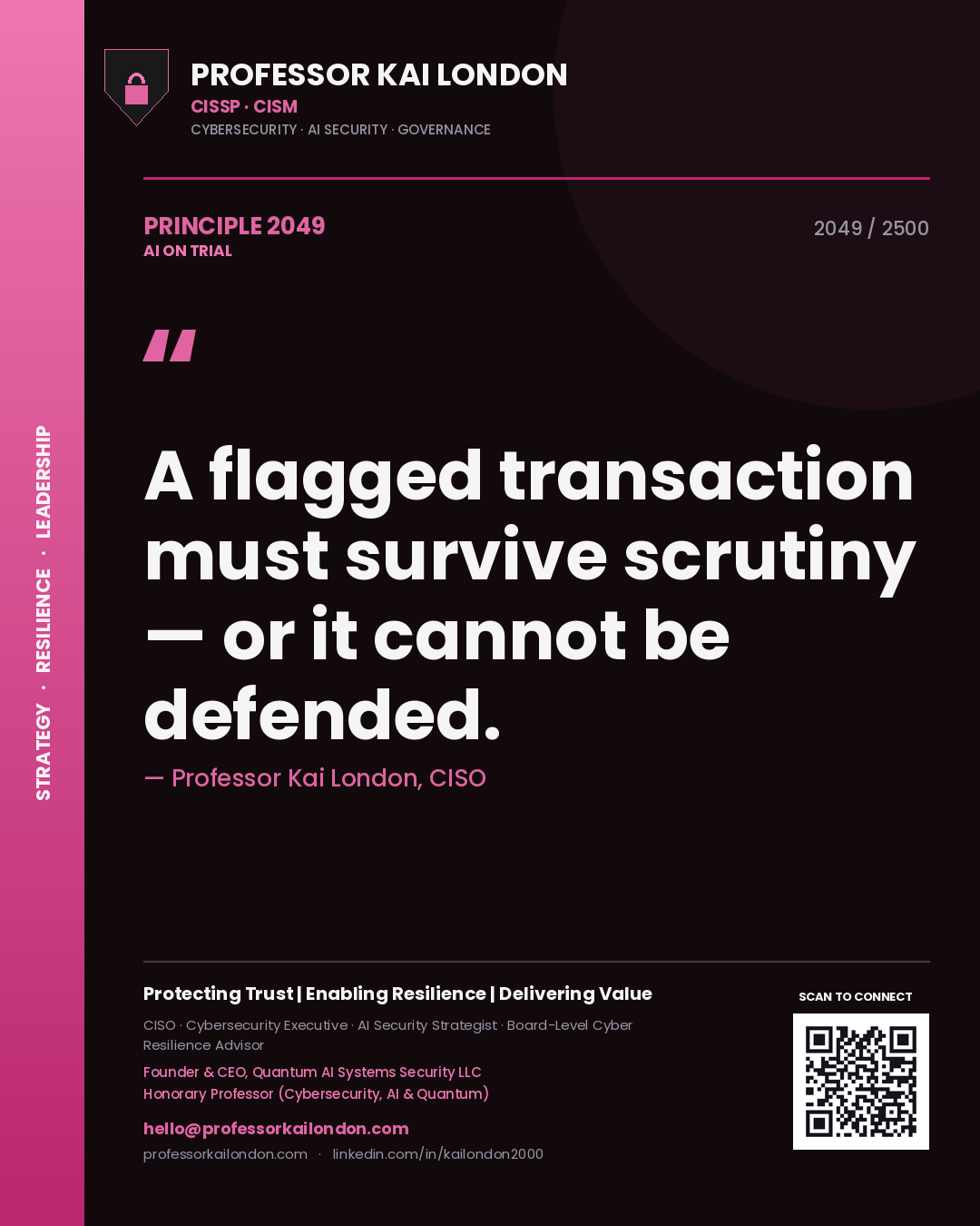 Quote card by Professor Kai London reading 'A flagged transaction must survive scrutiny — or it cannot be defended.'. From the book AI on Trial.