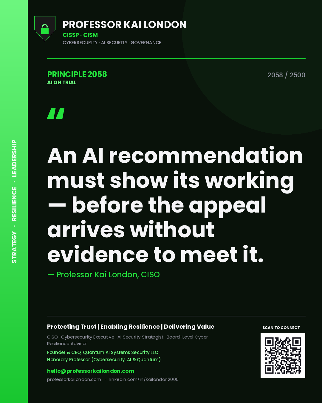 Professor Kai London principle 2058: An AI recommendation must show its working — before the appeal arrives without evidence to meet it.