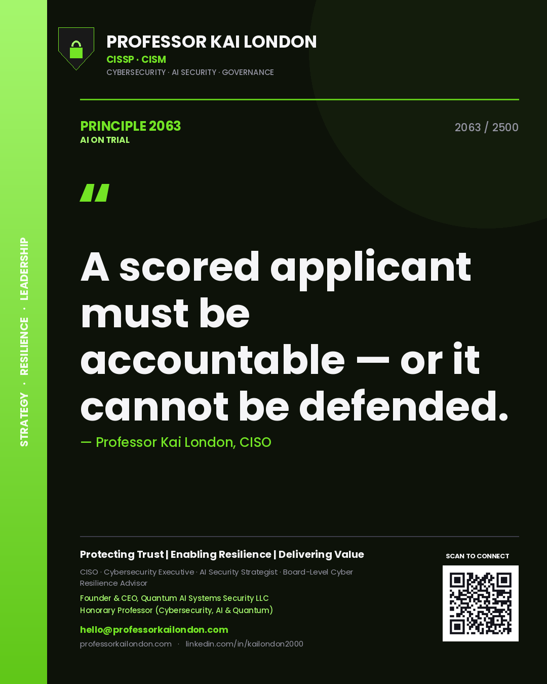 Professor Kai London principle 2063: A scored applicant must be accountable — or it cannot be defended.