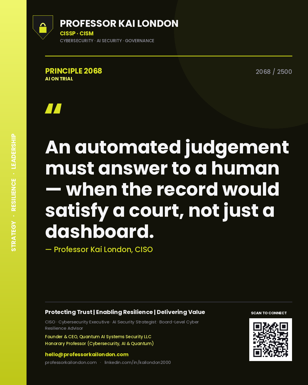 Professor Kai London principle 2068: An automated judgement must answer to a human — when the record would satisfy a court, not just a dashboard.