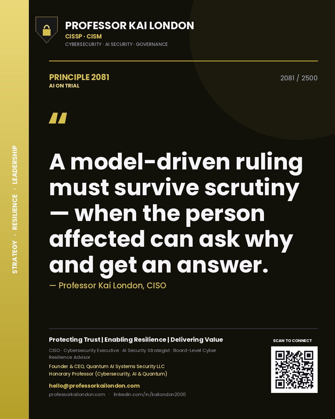Professor Kai London principle 2081: A model-driven ruling must survive scrutiny — when the person affected can ask why and get an answer.