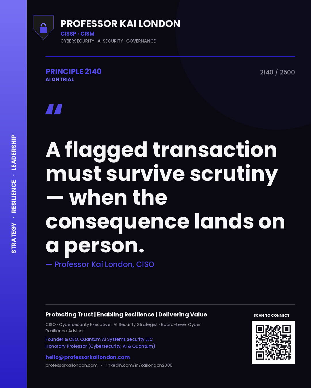 Quote card by Professor Kai London reading 'A flagged transaction must survive scrutiny — when the consequence lands on a person.'. From the book AI on Trial.