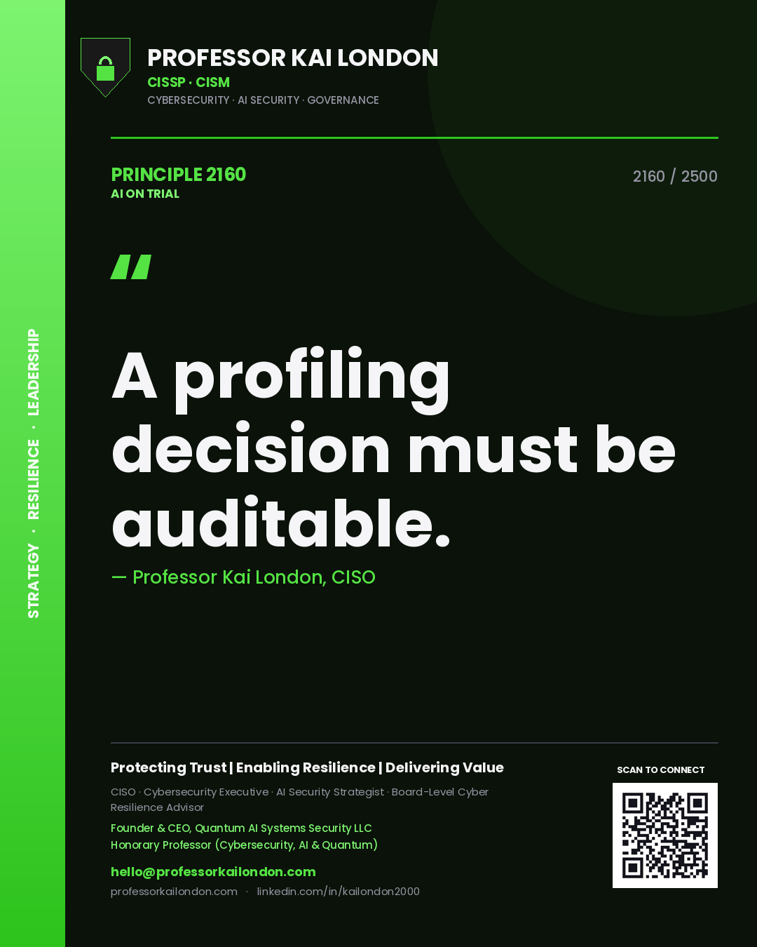 Quote card by Professor Kai London reading 'A profiling decision must be auditable.'. From the book AI on Trial.