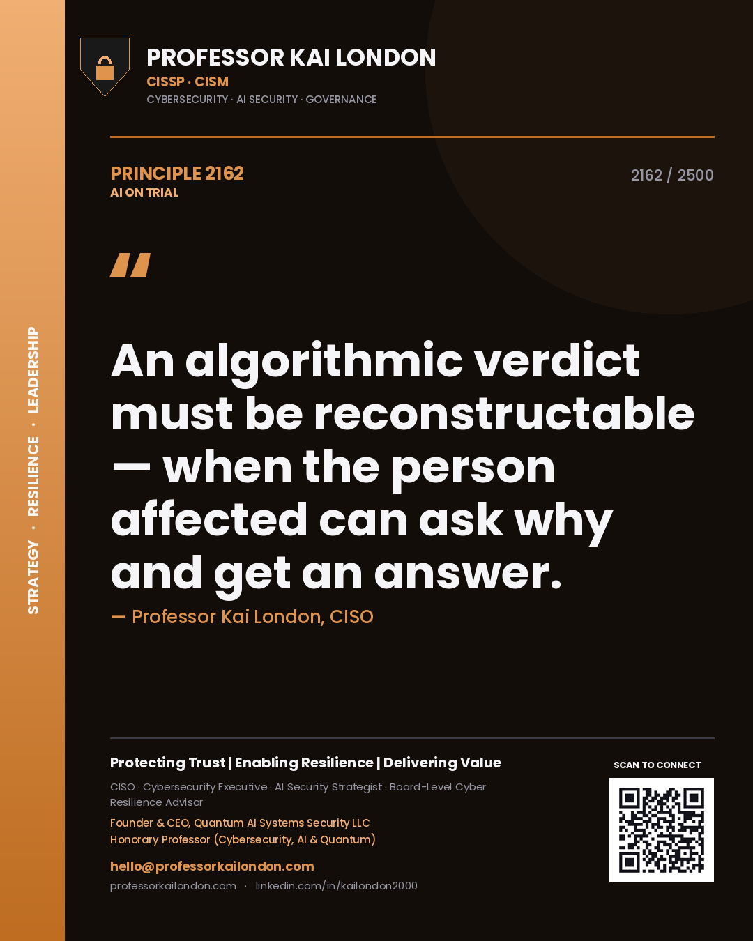 Quote card by Professor Kai London reading 'An algorithmic verdict must be reconstructable — when the person affected can ask why and get an answer.'. From the book AI on Trial.