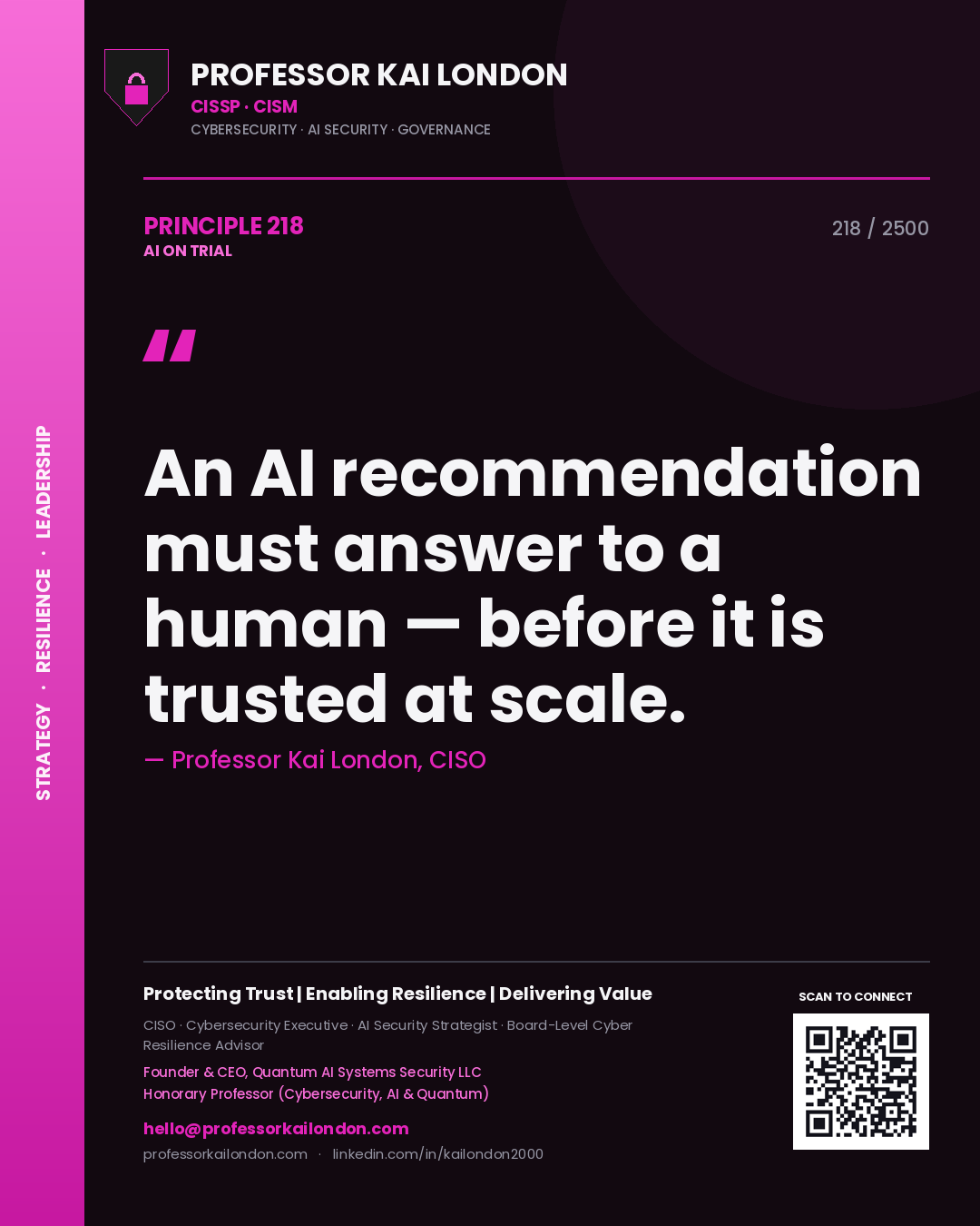 Professor Kai London principle 218: An AI recommendation must answer to a human — before it is trusted at scale.