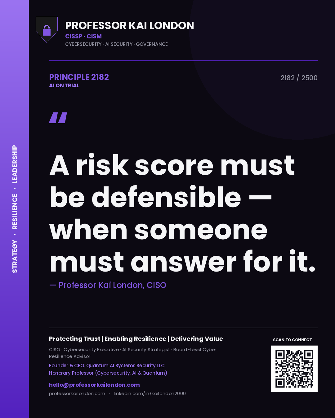 Quote card by Professor Kai London reading 'A risk score must be defensible — when someone must answer for it.'. From the book AI on Trial.
