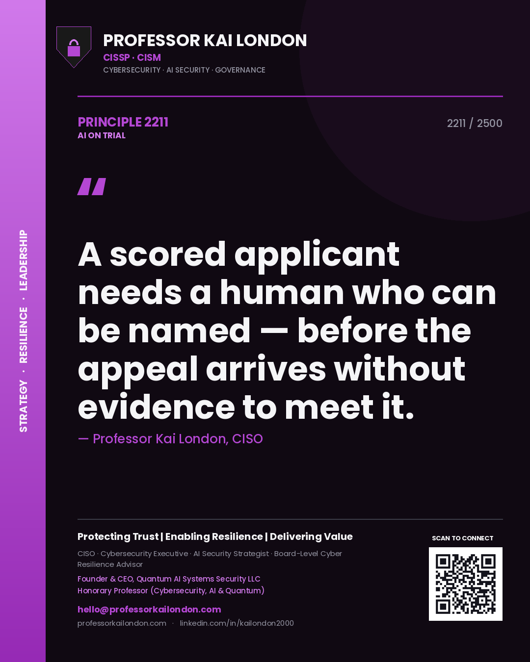 Quote card by Professor Kai London reading 'A scored applicant needs a human who can be named — before the appeal arrives without evidence to meet it.'. From the book AI on Trial.