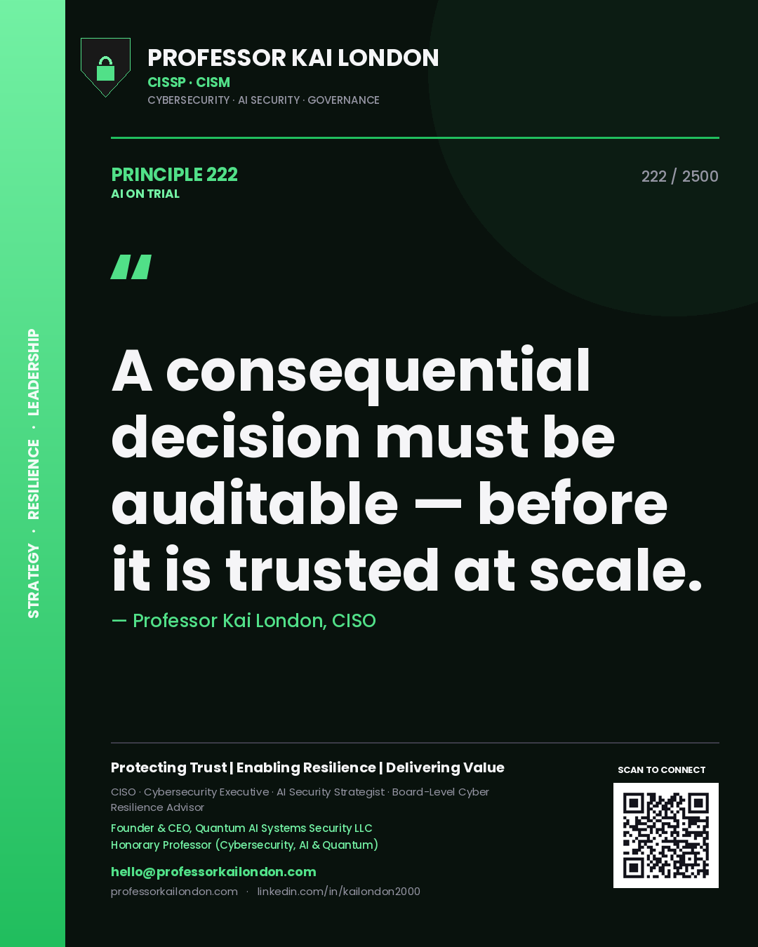 Professor Kai London principle 222: A consequential decision must be auditable — before it is trusted at scale.