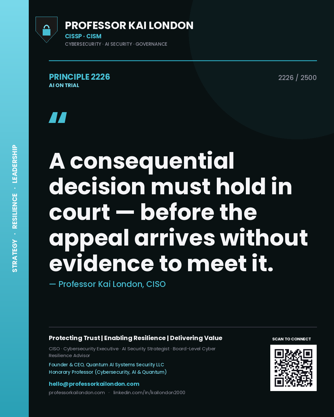 Professor Kai London principle 2226: A consequential decision must hold in court — before the appeal arrives without evidence to meet it.