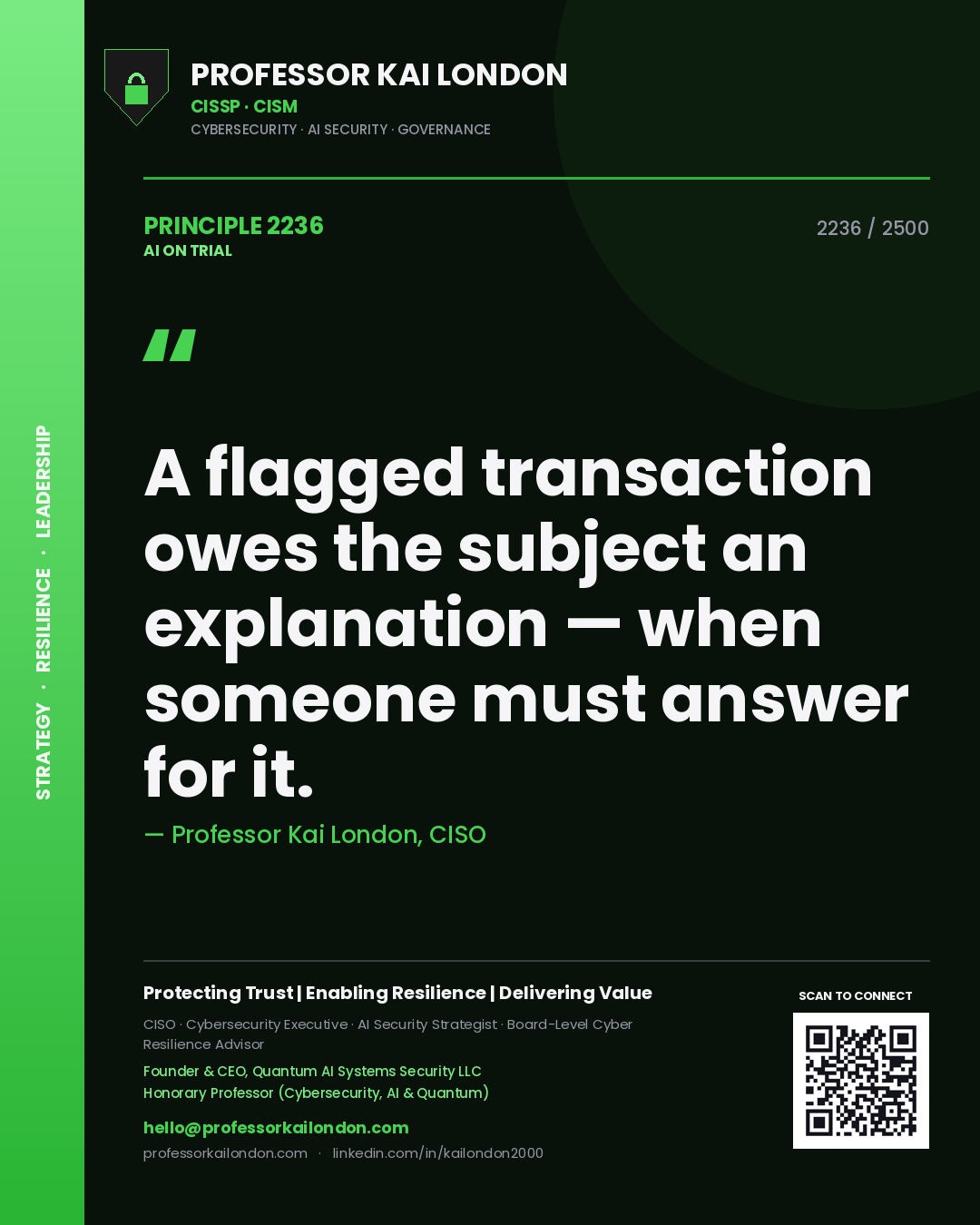Quote card by Professor Kai London reading 'A flagged transaction owes the subject an explanation — when someone must answer for it.'. From the book AI on Trial.