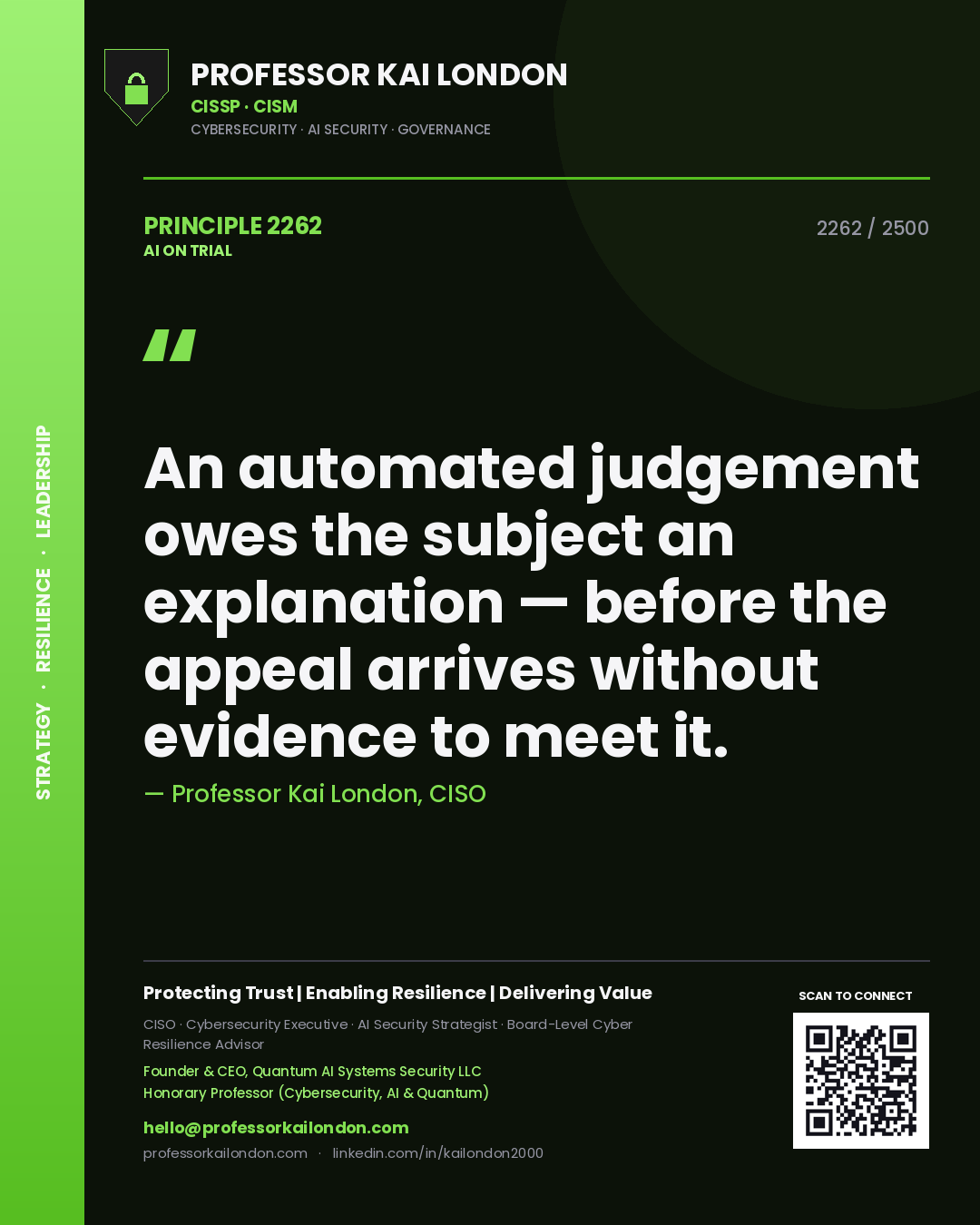 Professor Kai London principle 2262: An automated judgement owes the subject an explanation — before the appeal arrives without evidence to meet it.
