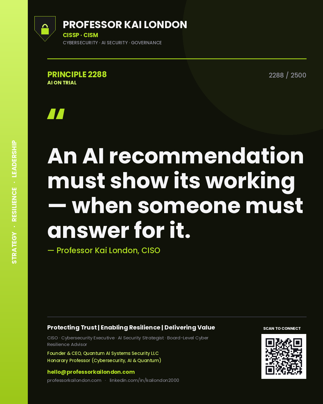 Professor Kai London principle 2288: An AI recommendation must show its working — when someone must answer for it.