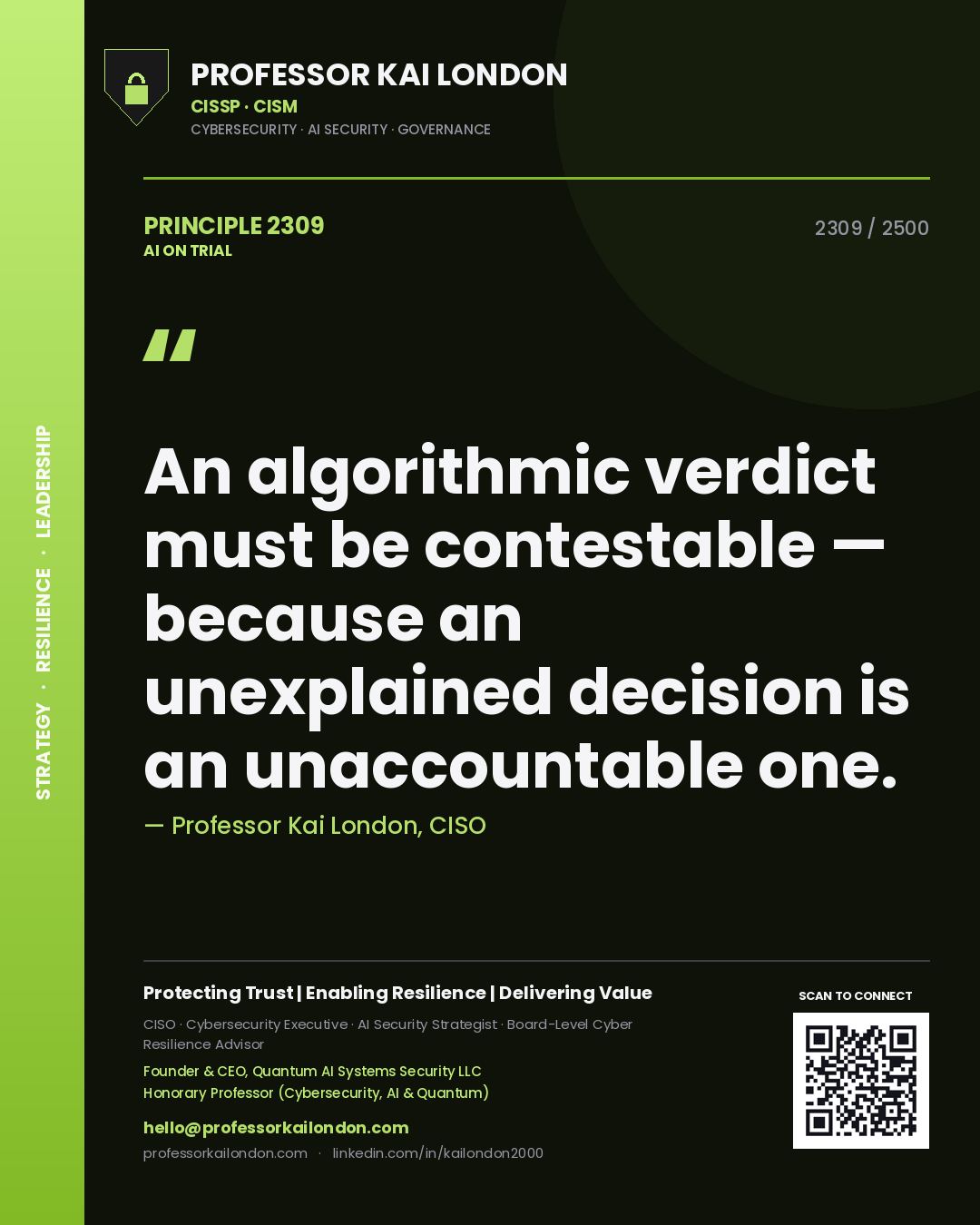 Professor Kai London principle 2309: An algorithmic verdict must be contestable — because an unexplained decision is an unaccountable one.