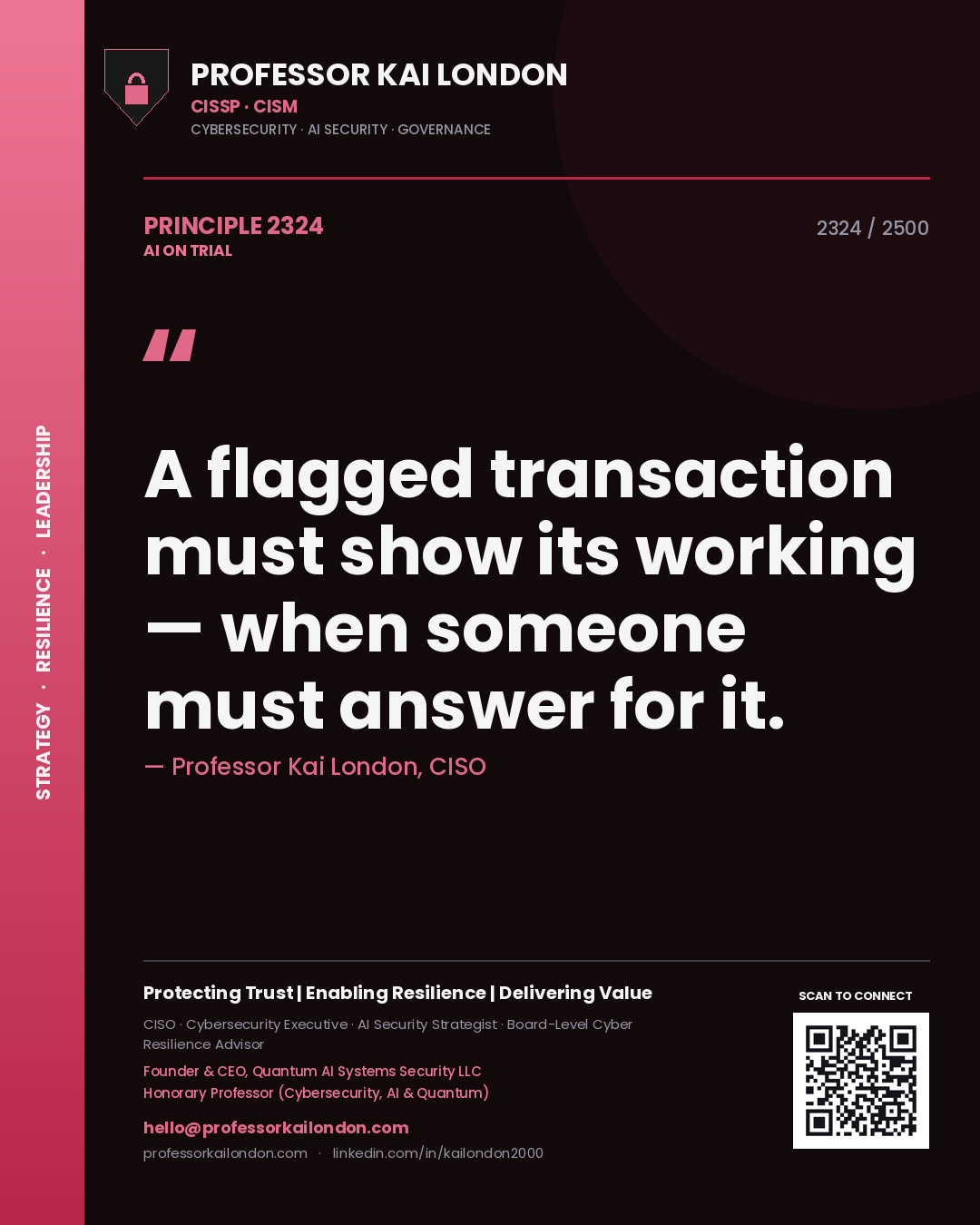 Professor Kai London principle 2324: A flagged transaction must show its working — when someone must answer for it.
