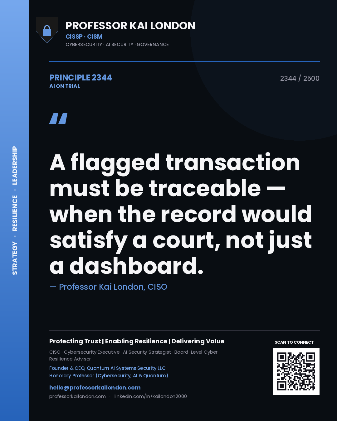 Professor Kai London principle 2344: A flagged transaction must be traceable — when the record would satisfy a court, not just a dashboard.