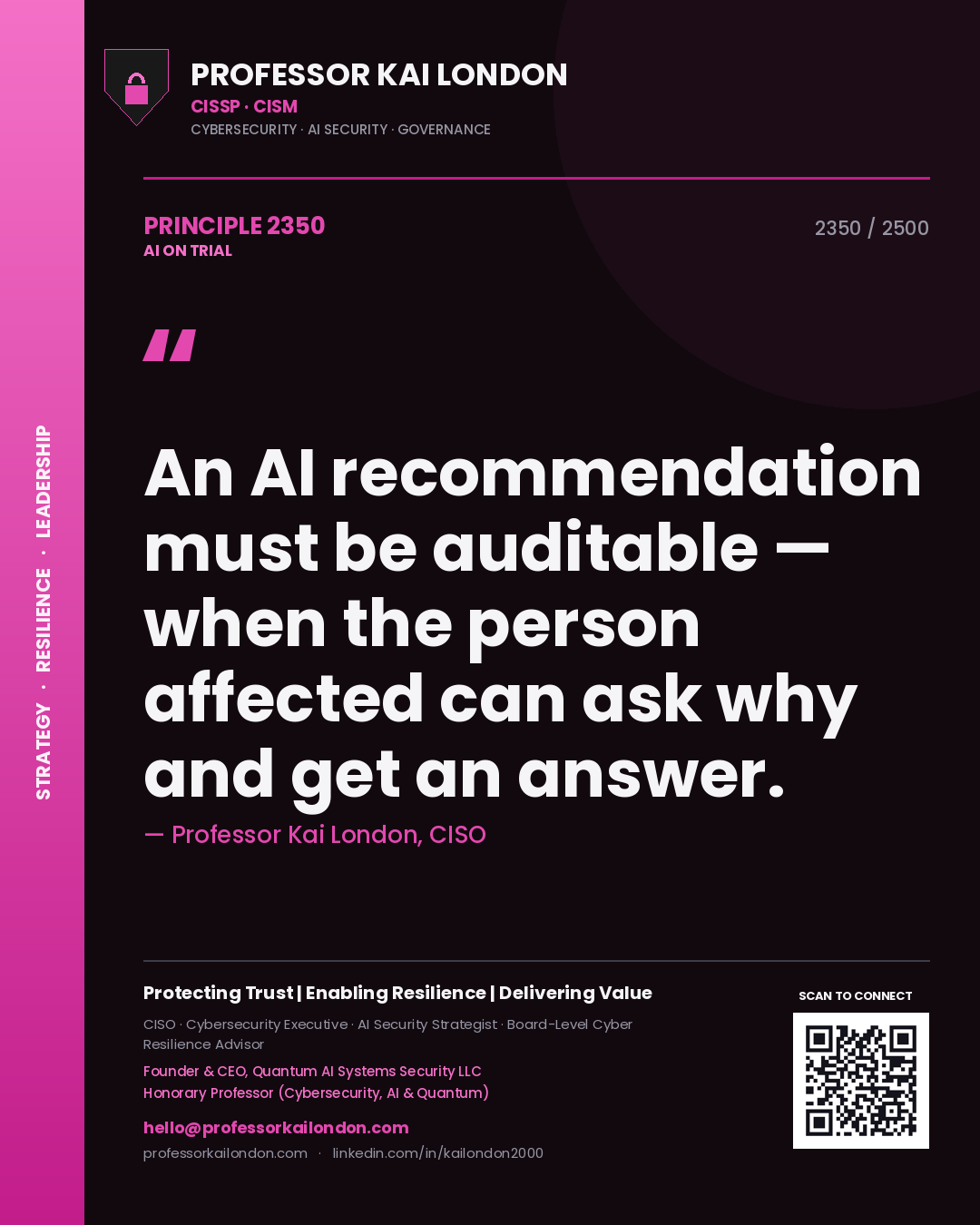 Professor Kai London principle 2350: An AI recommendation must be auditable — when the person affected can ask why and get an answer.