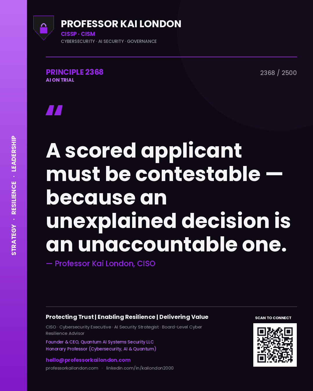 Professor Kai London principle 2368: A scored applicant must be contestable — because an unexplained decision is an unaccountable one.