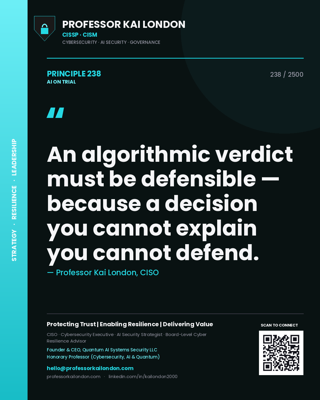 Professor Kai London principle 238: An algorithmic verdict must be defensible — because a decision you cannot explain you cannot defend.