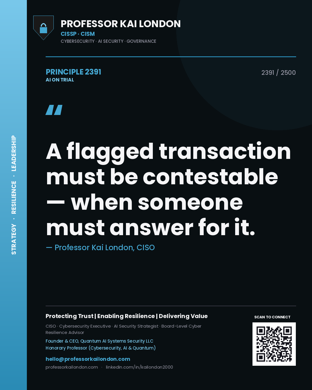 Professor Kai London principle 2391: A flagged transaction must be contestable — when someone must answer for it.