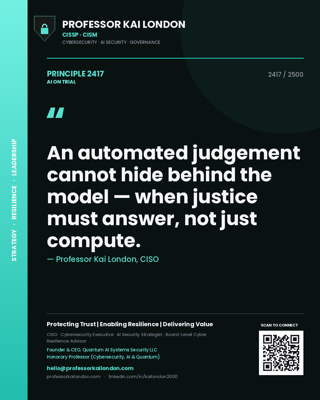 Professor Kai London principle 2417: An automated judgement cannot hide behind the model — when justice must answer, not just compute.
