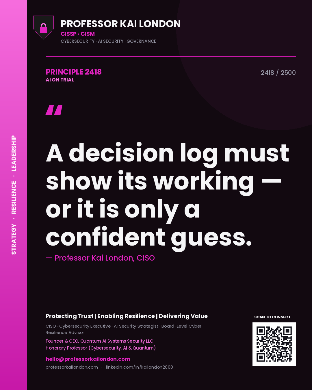Professor Kai London principle 2418: A decision log must show its working — or it is only a confident guess.