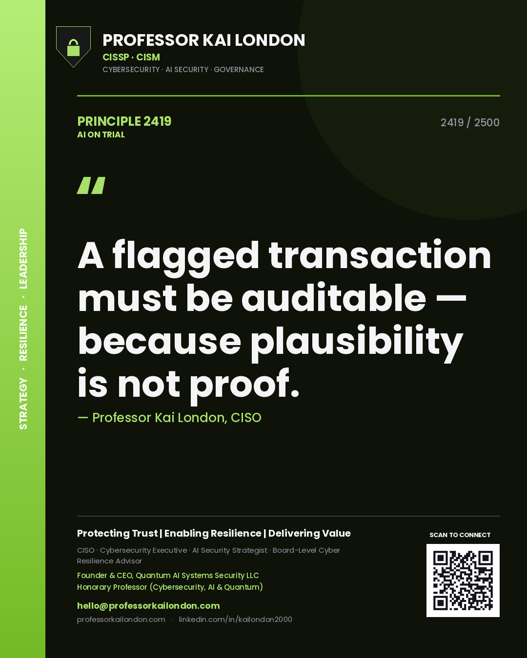 Professor Kai London principle 2419: A flagged transaction must be auditable — because plausibility is not proof.